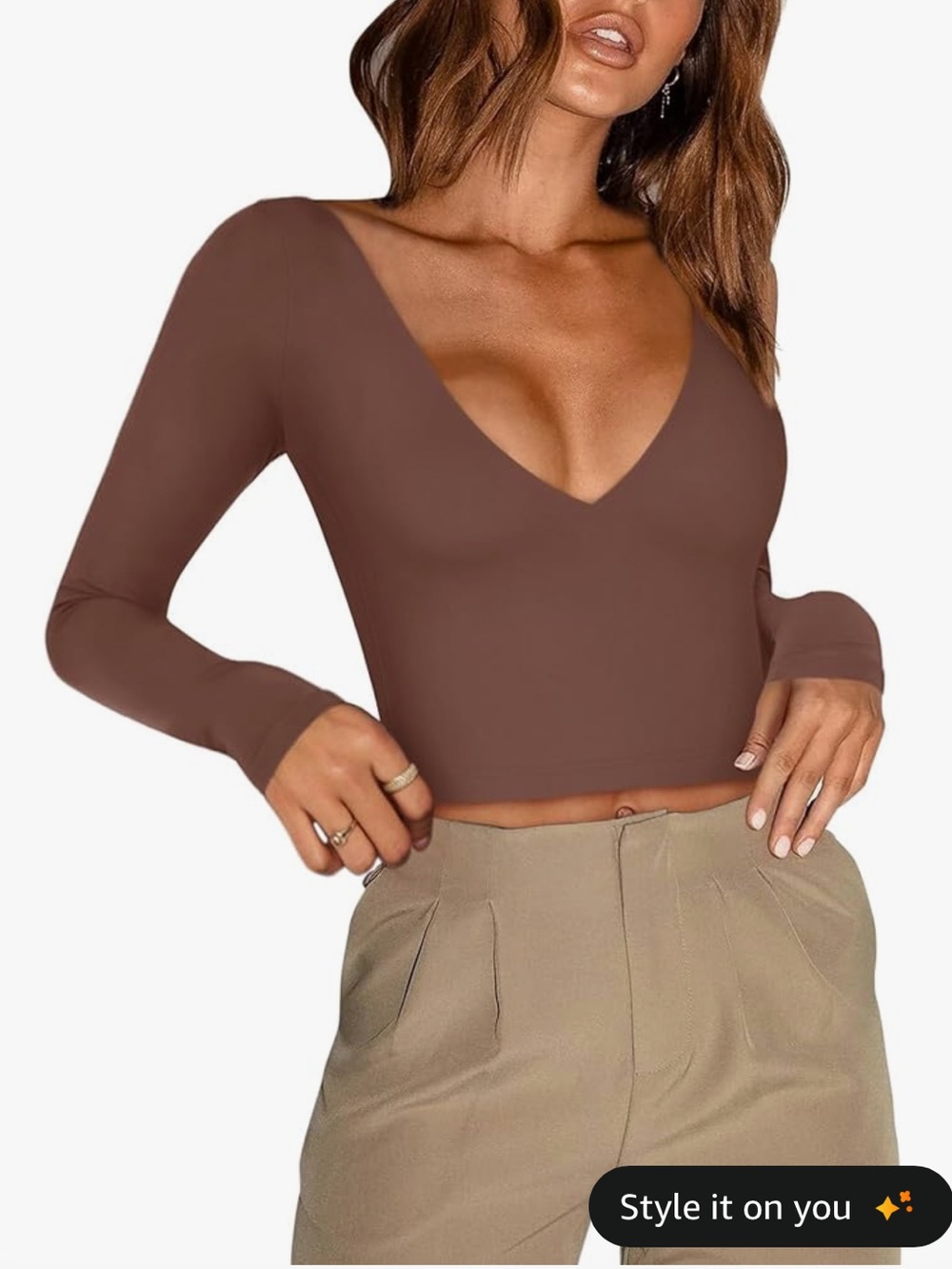 ReoRia Brown Deep V-Neck Long Sleeve Crop Top